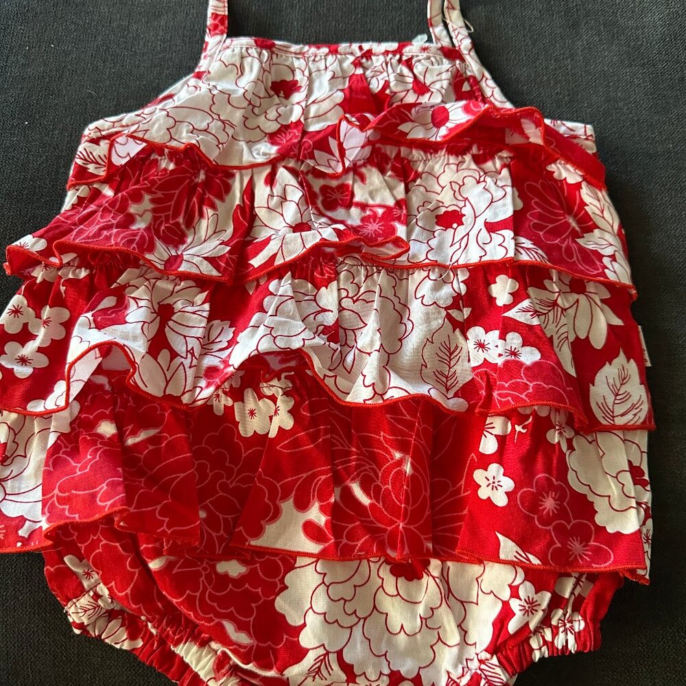 Pumpkin Patch red/white ruffle floral sleeveless Cotton Romper Size 6-12 mos NEW